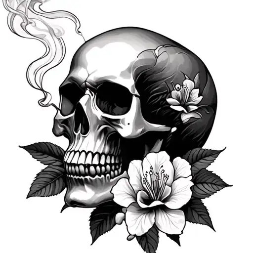 Front Facing Skull Smoking With Rhododendron Flowers