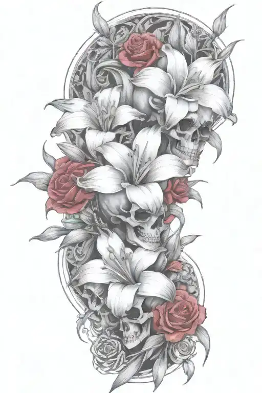 Gladiolous Flowers Grouped With Red Roses Growing Together With Skulls