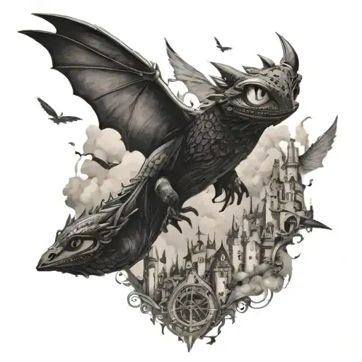 Black Tattoo Of Toothless Flying Birds Eye View