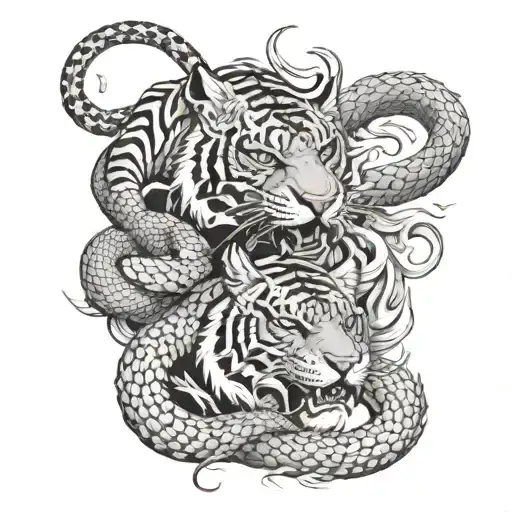 A Tiger And A Dragon Protected By 2 Huge Snakes Wrapped
