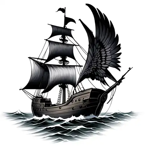 A Pirate Ship Where The Ship's Sail Is A Raven Wing