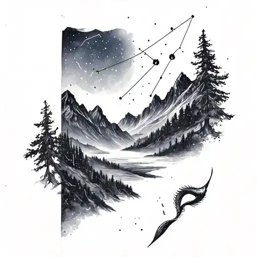 Mountain Landscape Tattoo Featuring Gemini And Capricorn Constellations