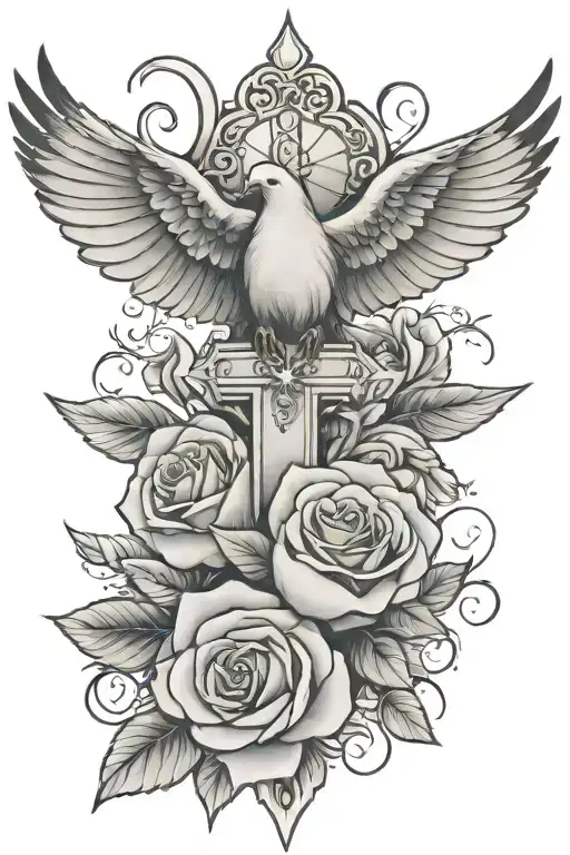 A Cross A Rose Cluds And A Dove Flying