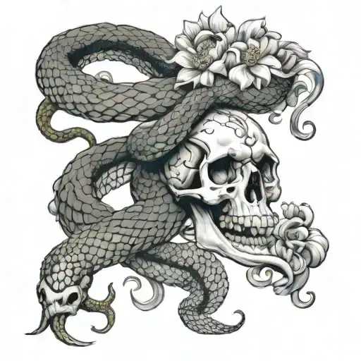 Snake With Skull And Chrysanthemum Flower