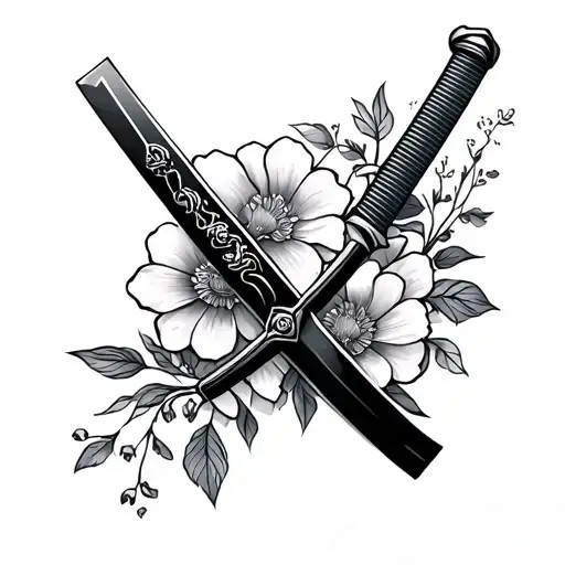 Samurai Sword With Flowers Behind It