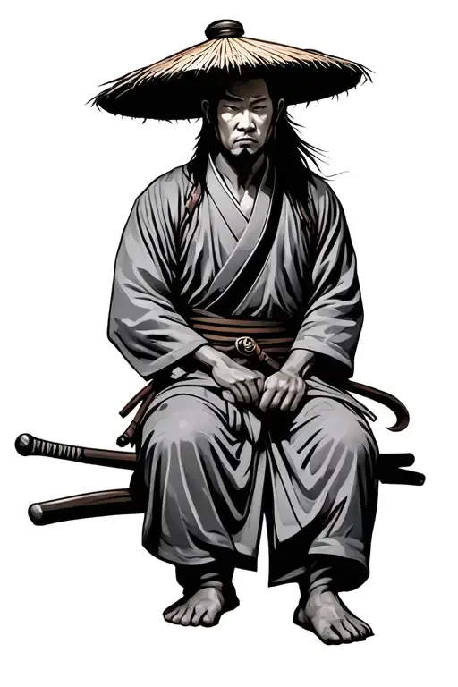 A Samurai Wearing A Straw Hat Sitting
