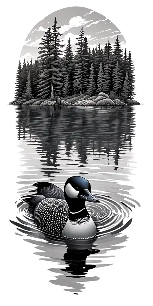 Loon Swimming On A Lake Surrounded By Forrest Scene