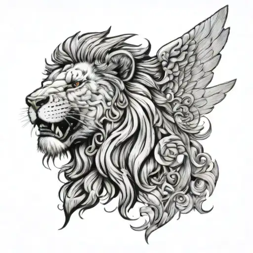 Lion Roaring On Chest With Falling Angel Half Sleeve