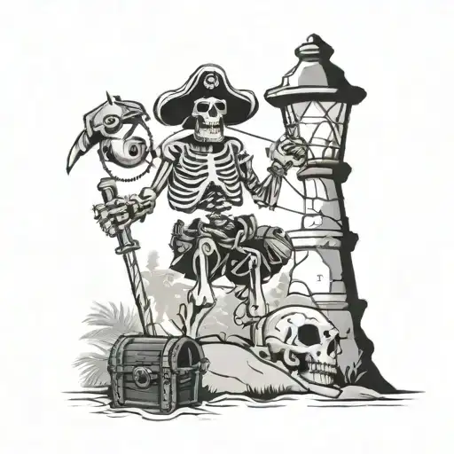 A Skeleton Pirate Standing On An Island Next To A Treasure Chest Holding A Lantern