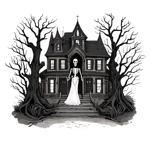 Skeleton Wedding In Front Of Haunted House