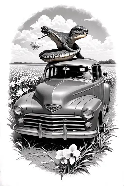 Turtle Driving An Old Car In A Field Of Orchids Cigarette In The Mouth