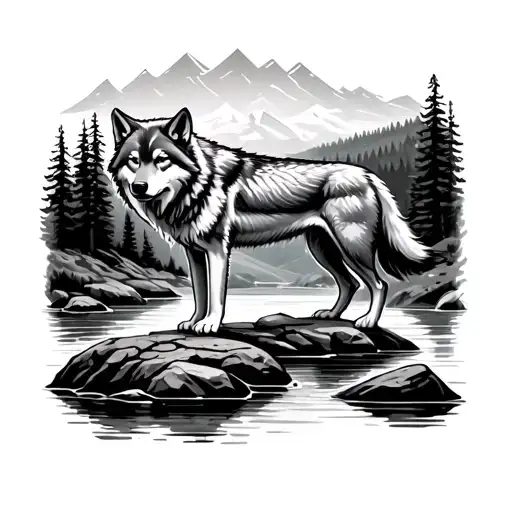 Wolf Stands On A Rock In The River Bed