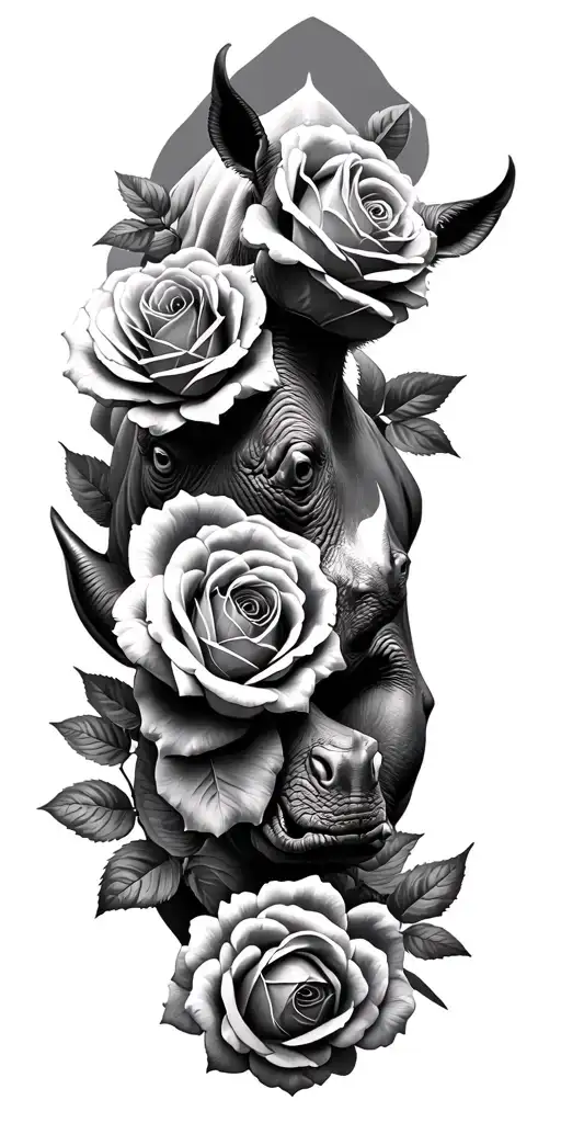 Rhino In Forest Scene Roses Intertwined