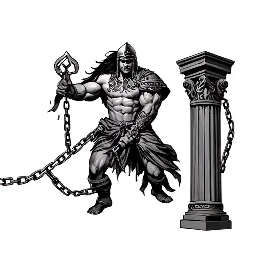 Spartan Guerrero Holding Chains Tied To Pillars