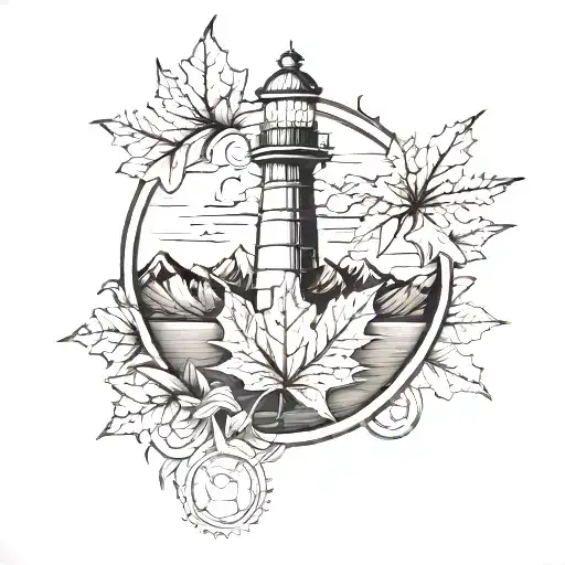 Maple Leaf With Lighthouse And Mountains Inside