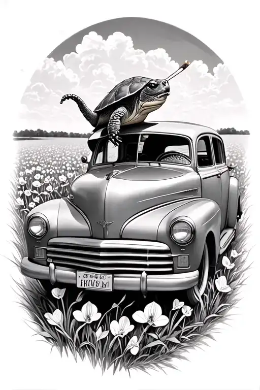 Turtle Driving An Old Car In A Field Of Orchids Cigarette In The Mouth