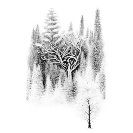 An Intricate Black And Grey Tattoo Of A Forest Scene With Drumsticks Hidden Among The Trees