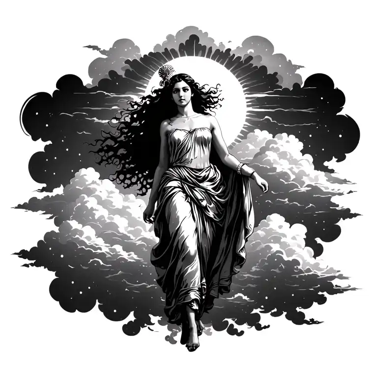 Greek Dressed Women Walking On Clouds Over Her The Sun