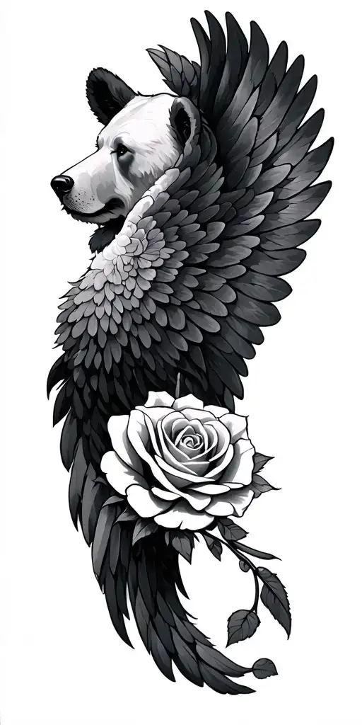 Bear Head Roses Intertwined Angel Wings
