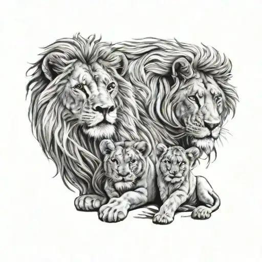 Lion And Two Lion Cubs