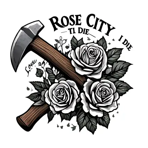 A Tattoo Which Says Rose City Til I Die Surrounded By Roses And Lumberjack Axe