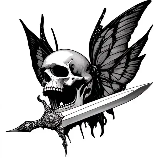 Dagger Going Through A Jawbone With Moth Wings Behind It