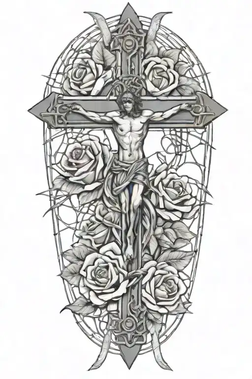 Cross Wrapped In Barbed Wire With Roses With Angel