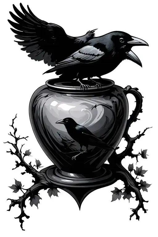 An Empty Vase With A Cool Design With A Crow On A Branch In The Middle