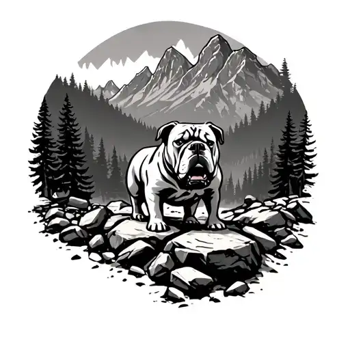 The Bulldog Descends The Stones In A Dense Forest Behind A Rocky Mountain With Dumped Stones