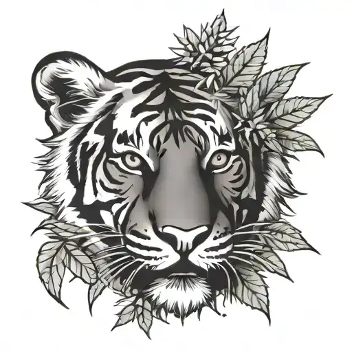Tiger Face Surrounded By Marijuana Leaves