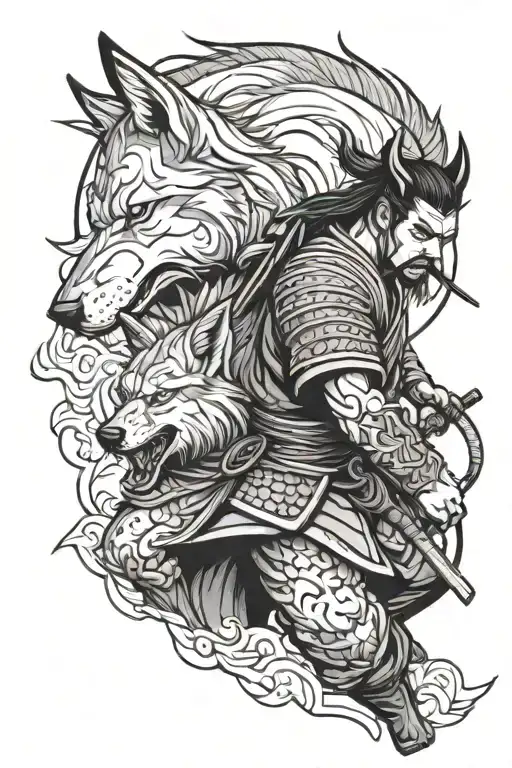 A Neotraditional Tattoo Of A Samurai Warrior And Wolf Walking Side By Side