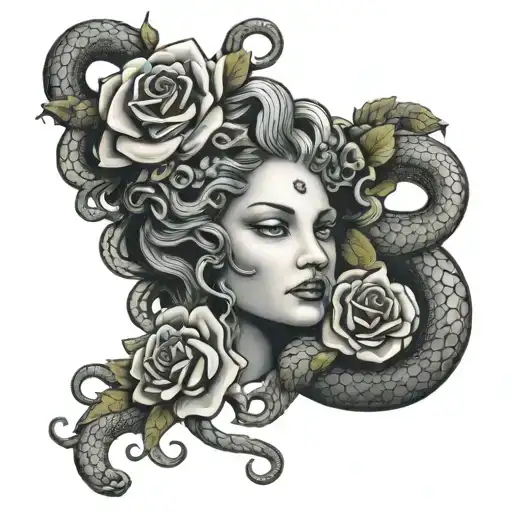 Medusa Head With Snakes And Roses Growing
