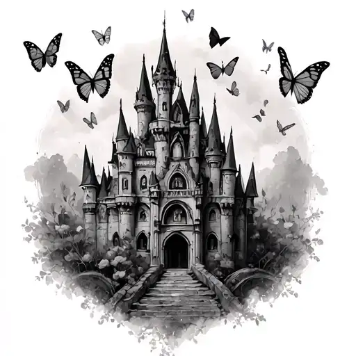 Gothic Castle With Butterflies Fluttering