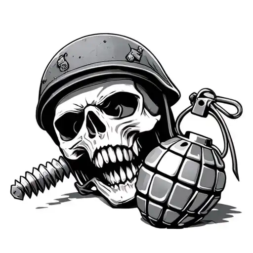Skull With Helmet Pulling Pin On Grenade With Teeth