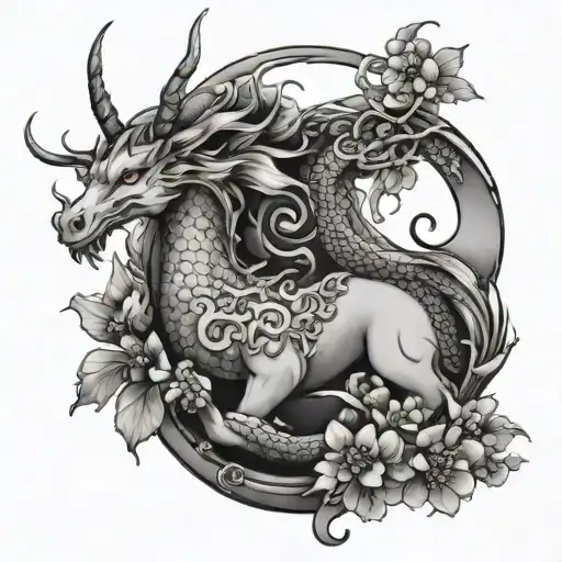 Dragon Unicorn Ying Yang Cherry Blossom