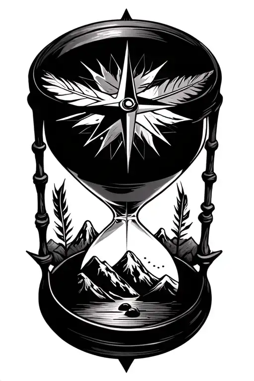 Compass And Hourglass With Feather And Mountains