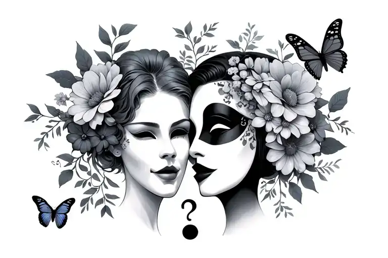 Both Comedy And Tragedy Masks Female Like With Flowers Butterflies And A Semicolon