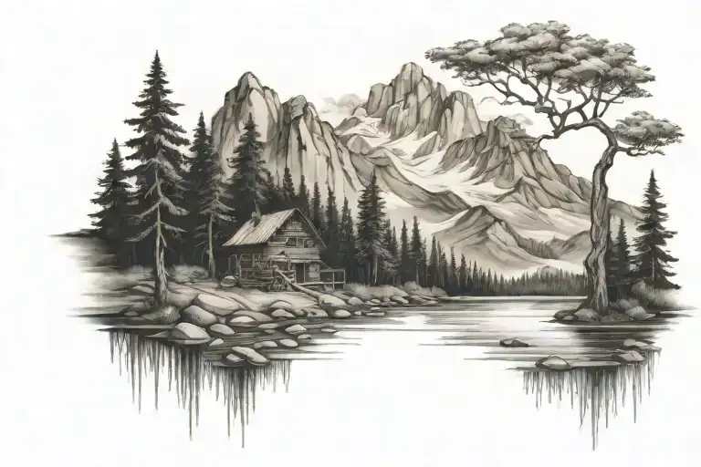 Cabin Beside A River In A Forest Below A Mountain