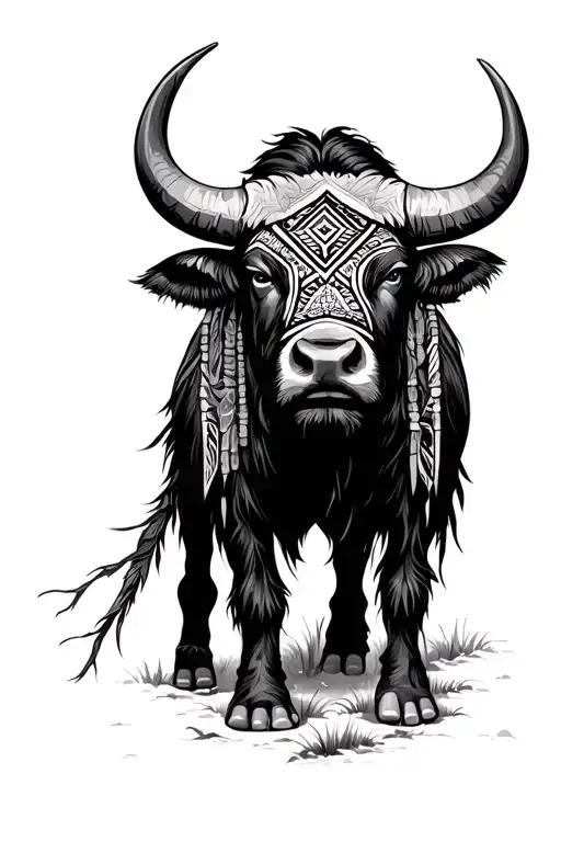 Black Feet Tribe Warrior And Buffalo With Tribal Geometric Patterns