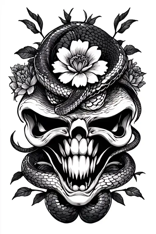 Snakes And Flowers Tatoo Design Aggressive Face