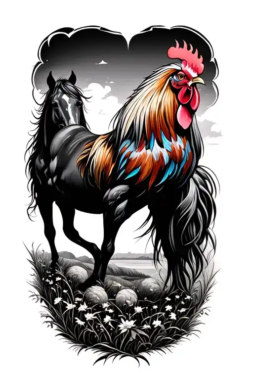Horse Rooster And Country Landscape