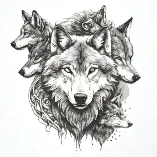 A Detailed Wolf Face With Five Smaller Undetailed Wolves Hidden In The Design