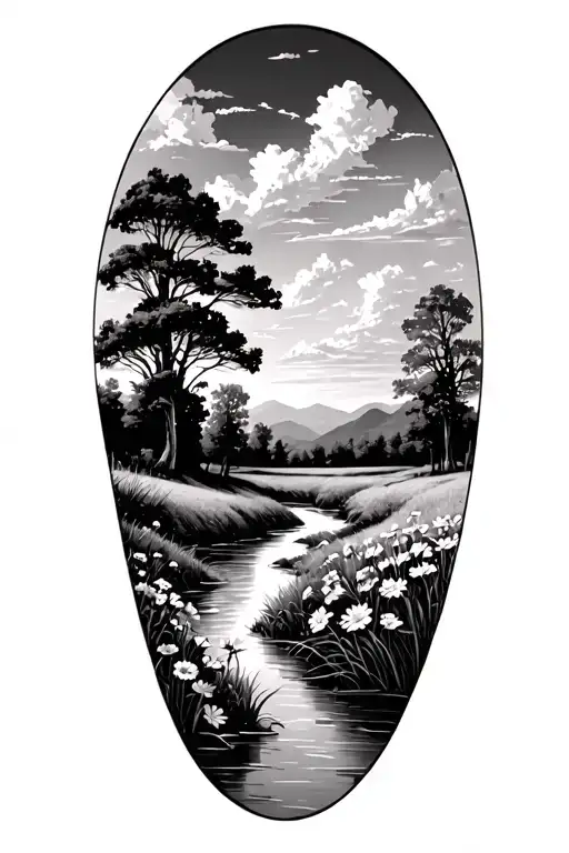 Realism Prairie Landscape With A Flowing River And Flowers On The Bottom In Foreground