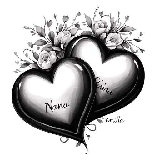 Two Intertwined Love Hearts With Nana In One And Emilia In The Other