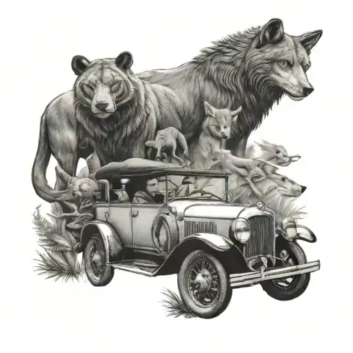 A Salesperson Driving A Vintage Car Surrounded By A Pack Of Wild Forest Animals