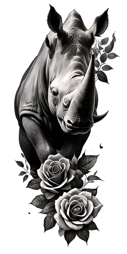 Rhino In Forest Scene Roses Intertwined Representing The Client's