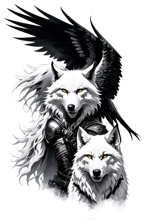 Dark Angel Soldier With Long Haired White Wolf Ready For Battle