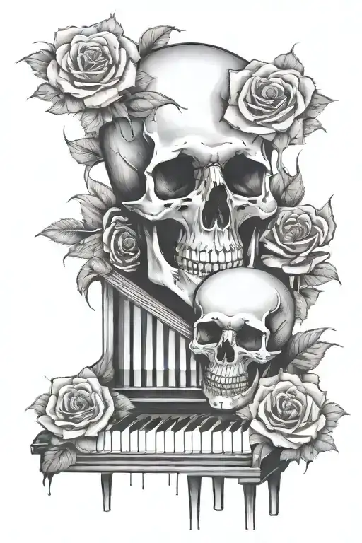 Piano Keys With A Pink Rose And Skull