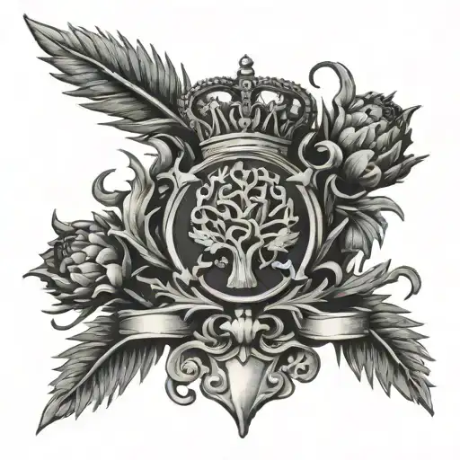 Black Watch Regimental Cap Badge Full Back Tattoo Which Includes Thistles And Scrolls