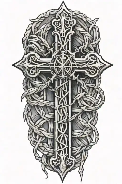 Cross Wrapped In Barbed Wire Filament That Spells